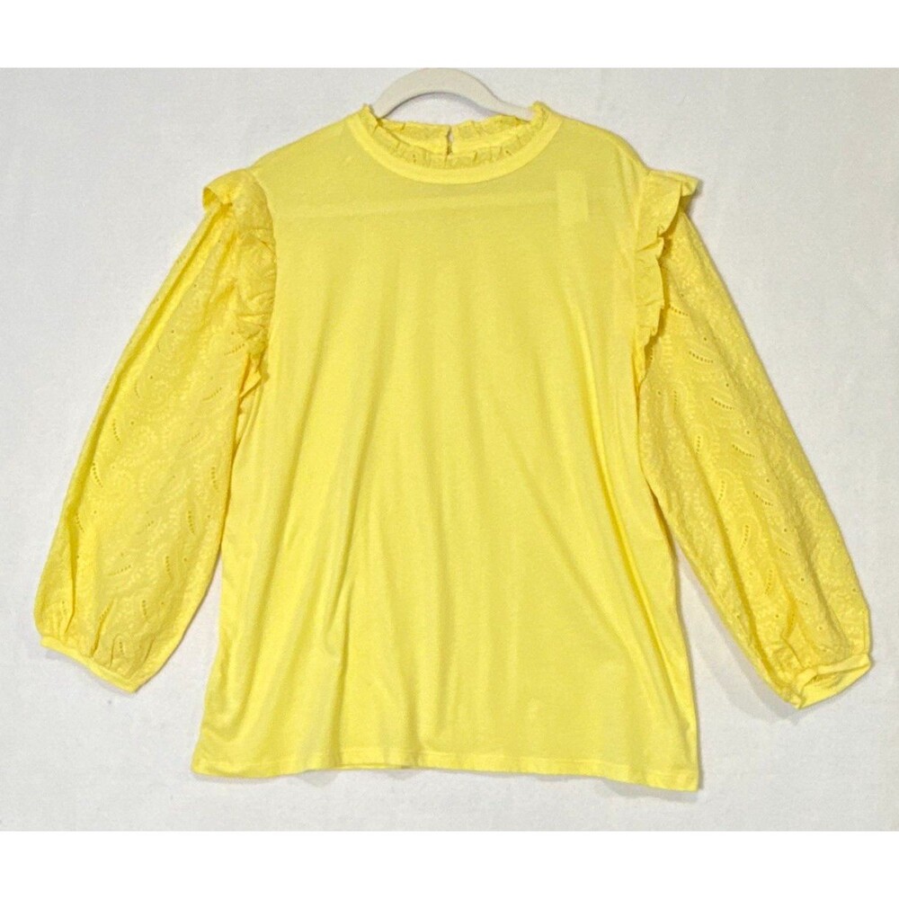 LOFT NWT Yellow 100% Cotton Ruffle Eyelet Puff Sleeve Blouse XL Top Cottagecore